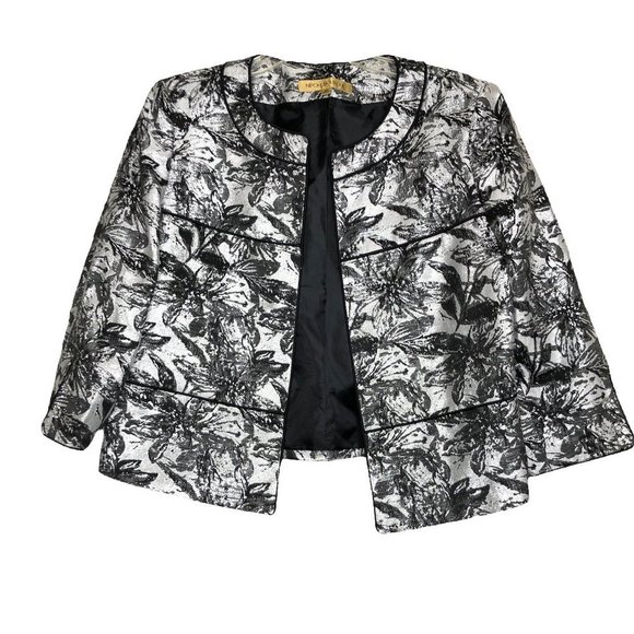 𝅺new - NIPON BOUTIQUE Metallic Silver & Black Floral Blazer - Size 12 - Picture 1 of 6